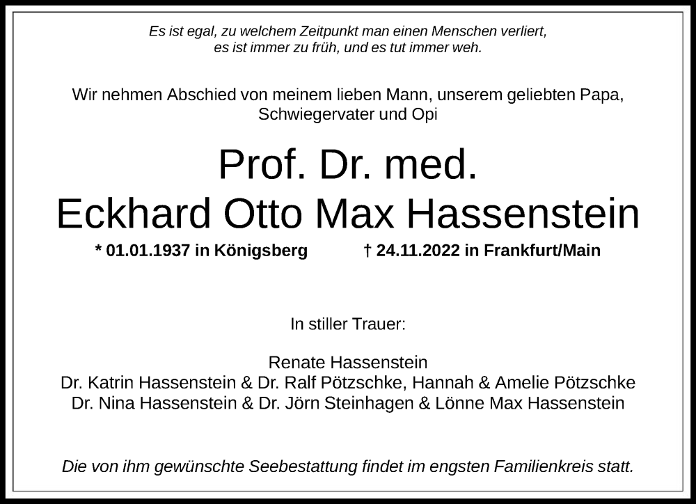  Traueranzeige für Eckhard Otto Max Hassenstein vom 03.12.2022 aus FNP