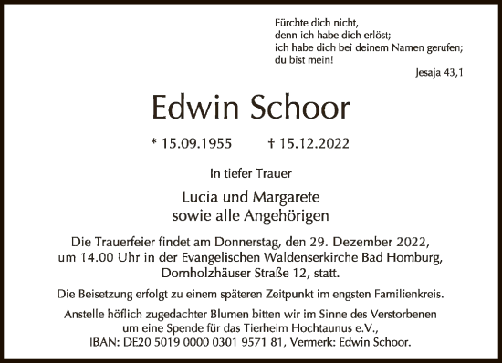 Traueranzeige von Edwin Schoor von FNP