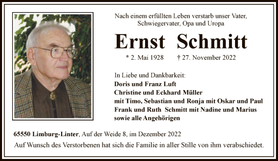 Traueranzeige von Ernst Schmitt von FNP