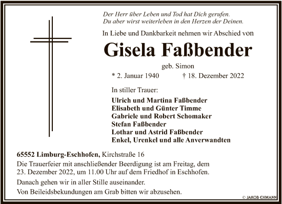 Traueranzeige von Gisela Faßbender von FNP