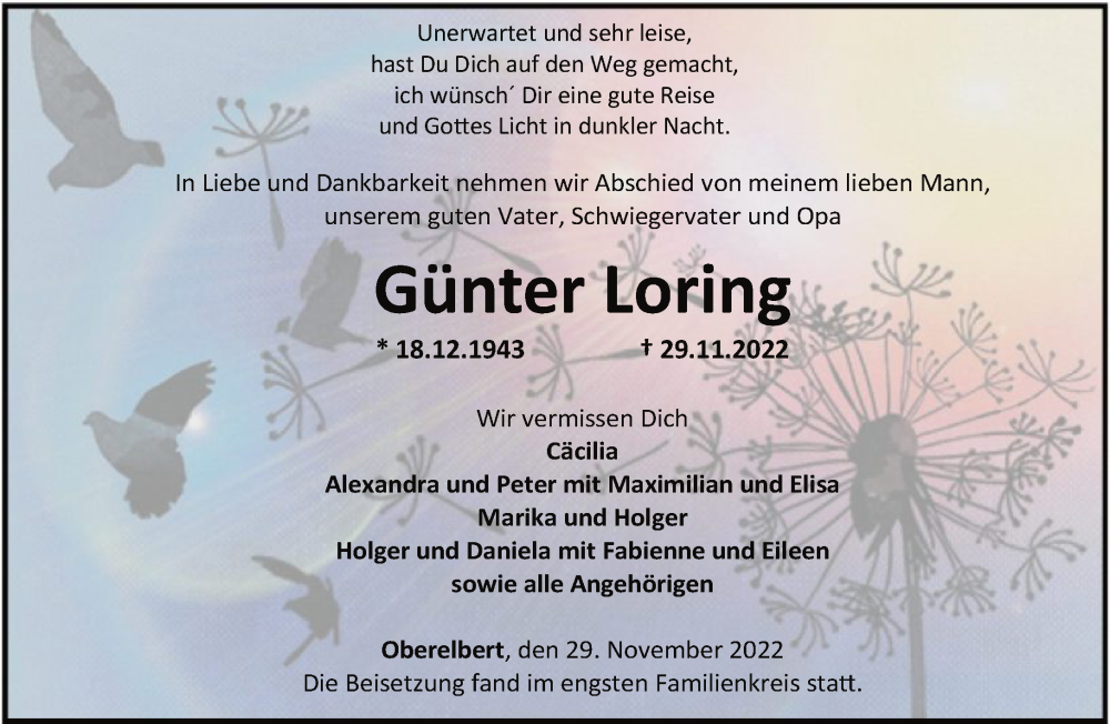  Traueranzeige für Günter Loring vom 10.12.2022 aus FNP