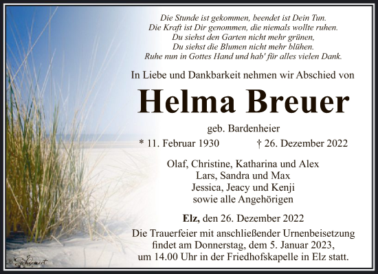 Traueranzeige von Helma Breuer von FNP