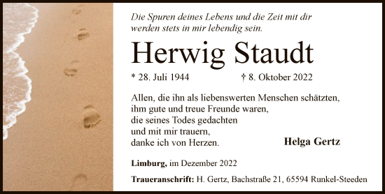 Traueranzeige von Herwig Staudt von FNP