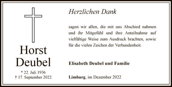 Traueranzeige von Horst Deubel von FNP