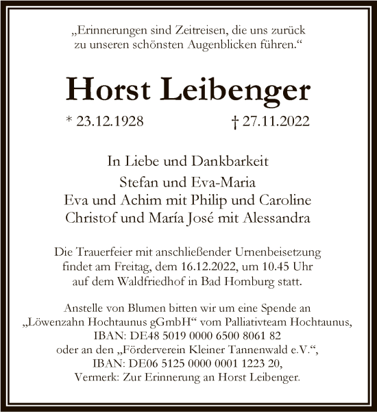 Traueranzeige von Horst Leibenger von FNP
