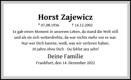 Traueranzeige von Horst Zajewicz von FNP