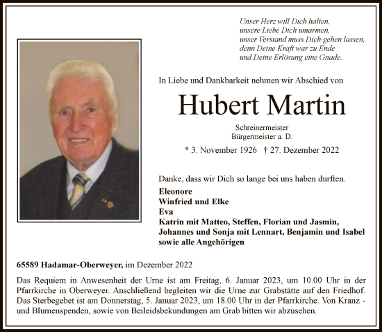 Traueranzeige von Hubert Martin von FNP