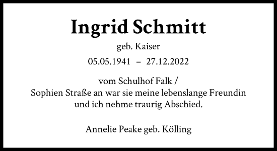 Traueranzeige von Ingrid Schmitt von FNP