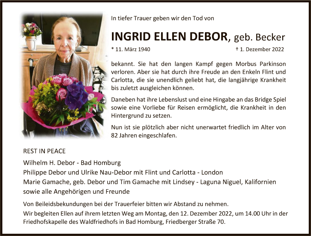  Traueranzeige für Ingrid Ellen Debor vom 10.12.2022 aus FNP