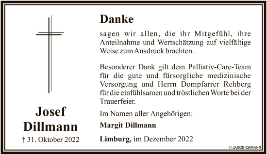 Traueranzeige von Josef Dillmann von FNP