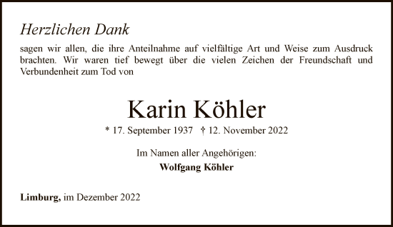 Traueranzeige von Karin Köhler von FNP