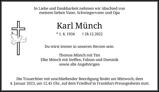 Traueranzeige von Karl Münch von FNP