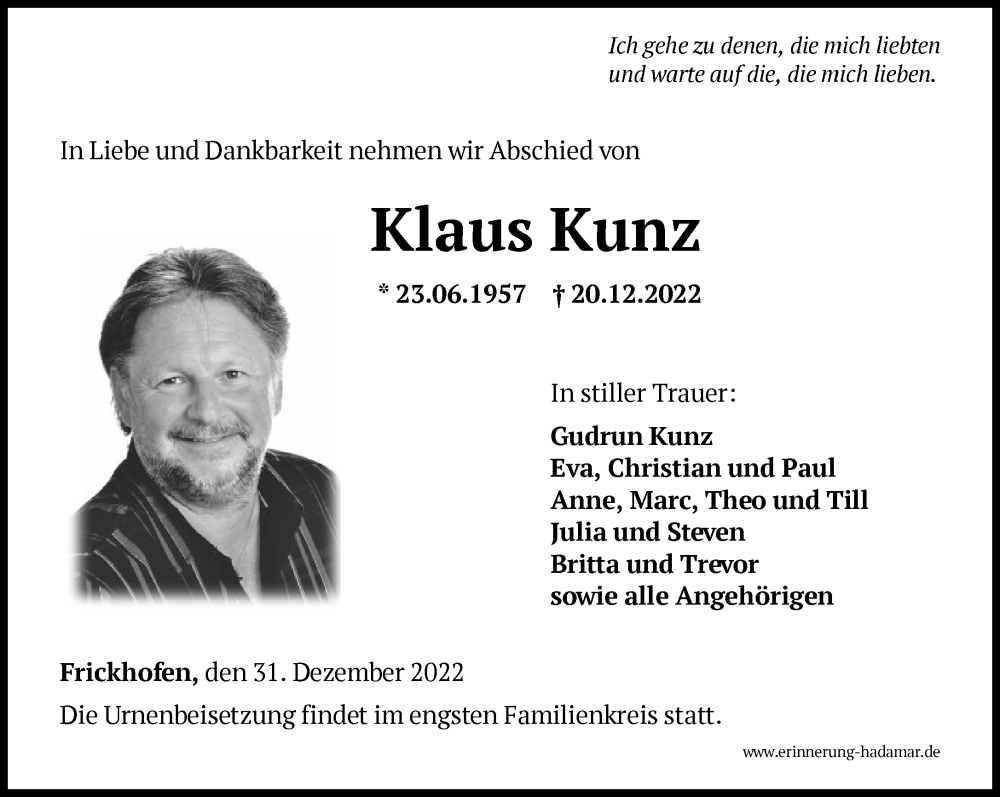  Traueranzeige für Klaus Kunz vom 31.12.2022 aus FNP