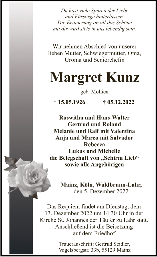 Traueranzeige von Margret Kunz von FNP