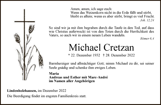 Traueranzeige von Michael Cretzan von FNP