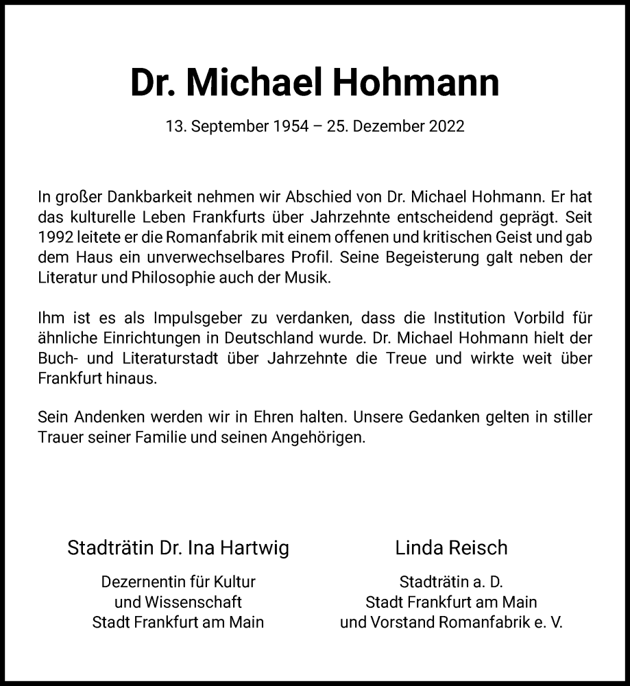  Traueranzeige für Michael Hohmann vom 31.12.2022 aus FNP