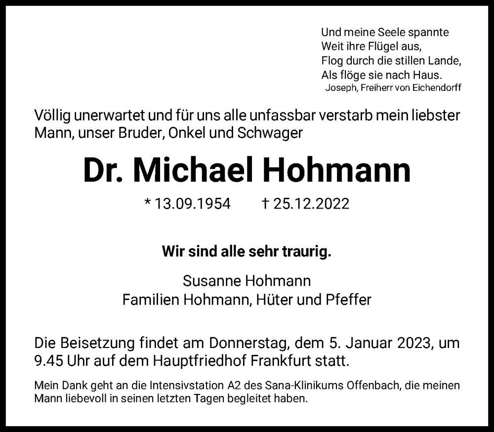  Traueranzeige für Michael Hohmann vom 30.12.2022 aus FNP