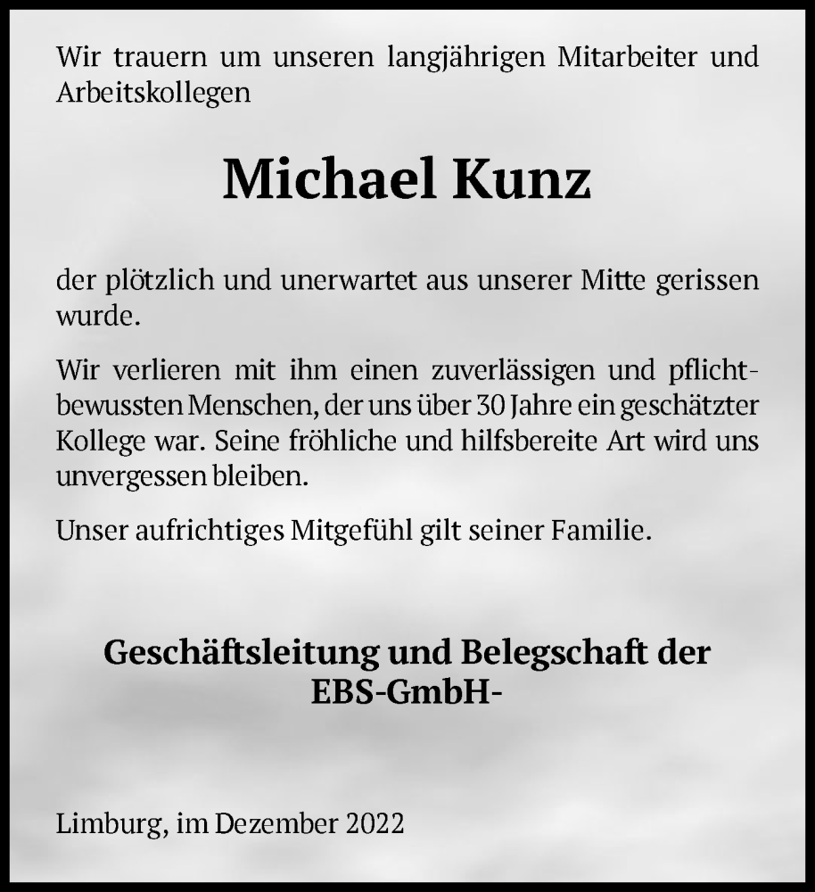  Traueranzeige für Michael Kunz vom 24.12.2022 aus FNP