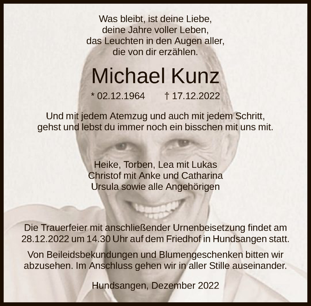  Traueranzeige für Michael Kunz vom 24.12.2022 aus FNP