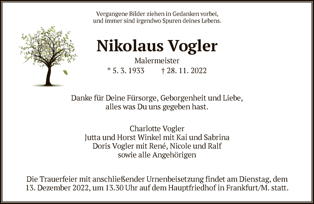  Traueranzeige für Nikolaus Vogler vom 03.12.2022 aus FNP
