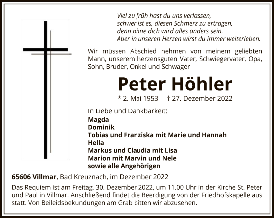 Traueranzeige von Peter Höhler von FNP