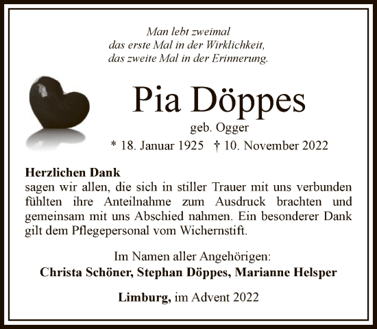 Traueranzeige von Pia Döppes von FNP