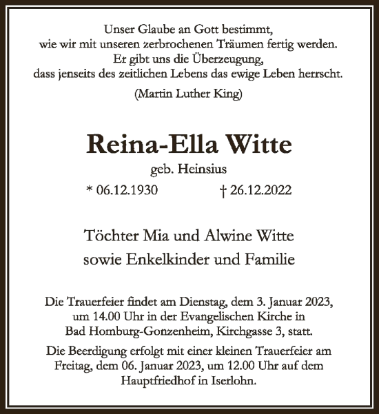 Traueranzeige von Reina-Ella Witte von FNP