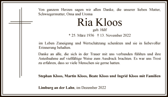 Traueranzeige von Ria Kloss von FNP