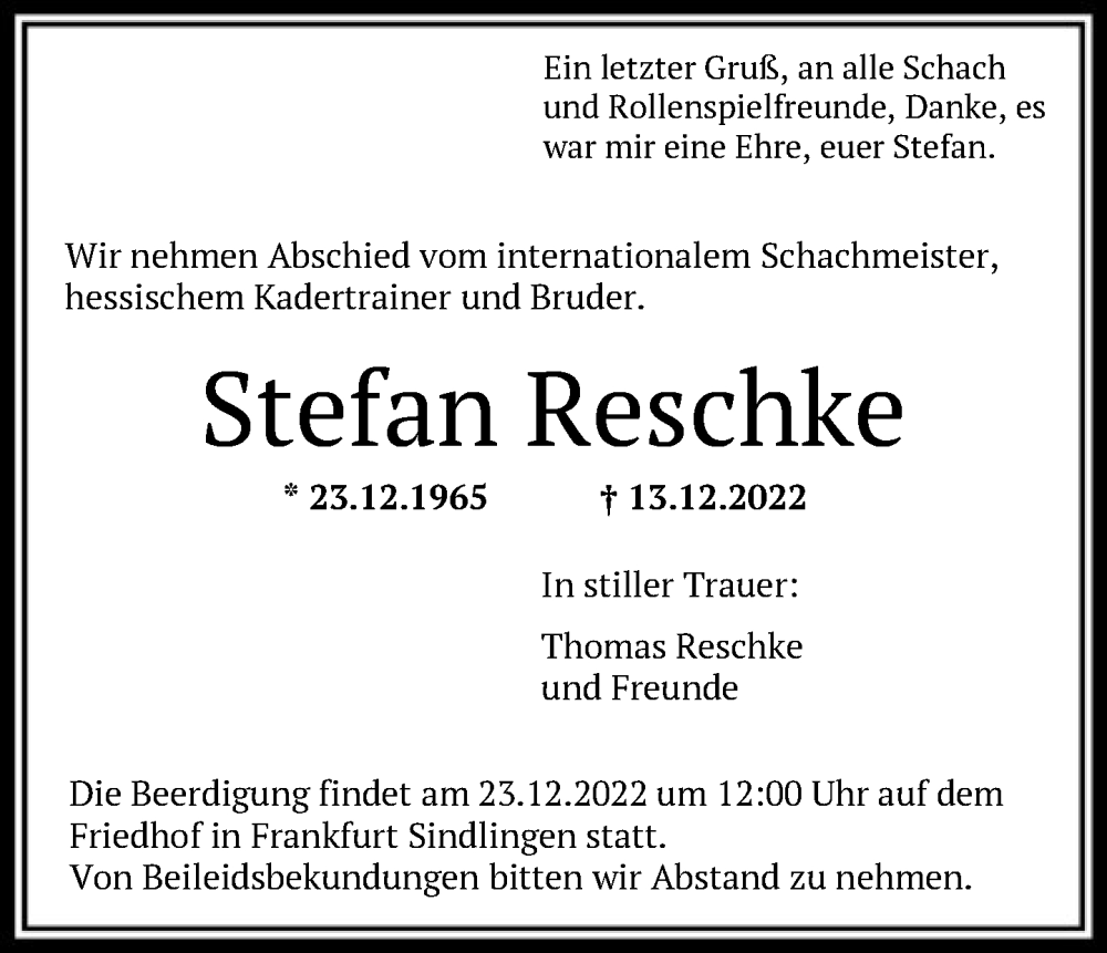  Traueranzeige für Stefan Reschke vom 17.12.2022 aus FNP