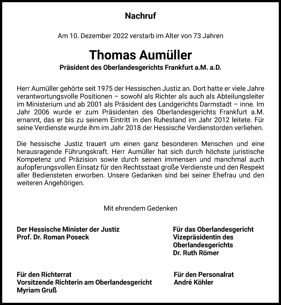  Traueranzeige für Thomas Aumüller vom 17.12.2022 aus FNP