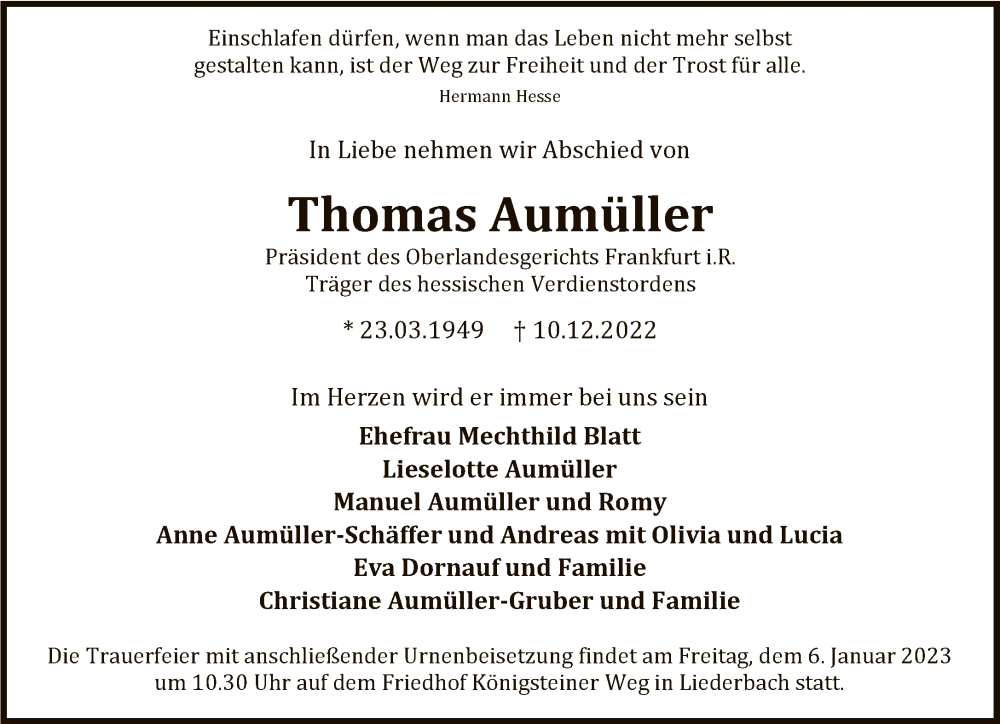  Traueranzeige für Thomas Aumüller vom 16.12.2022 aus FNP