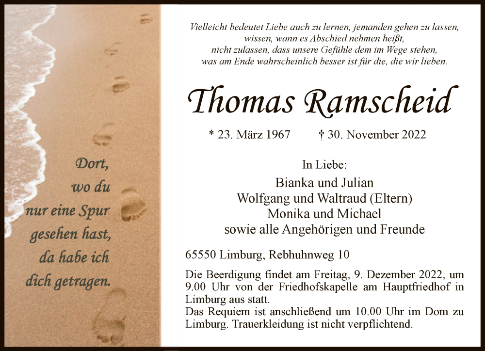  Traueranzeige für Thomas Ramscheid vom 03.12.2022 aus FNP