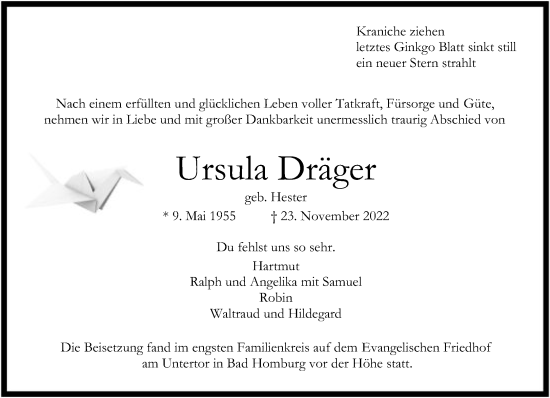 Traueranzeige von Ursula Dräger von FNP