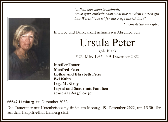 Traueranzeige von Ursula Peter von FNP