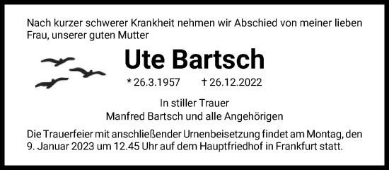 Traueranzeige von Ute Bartsch von FNP