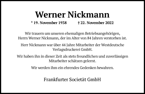 Traueranzeige von Werner Nickmann von FNP