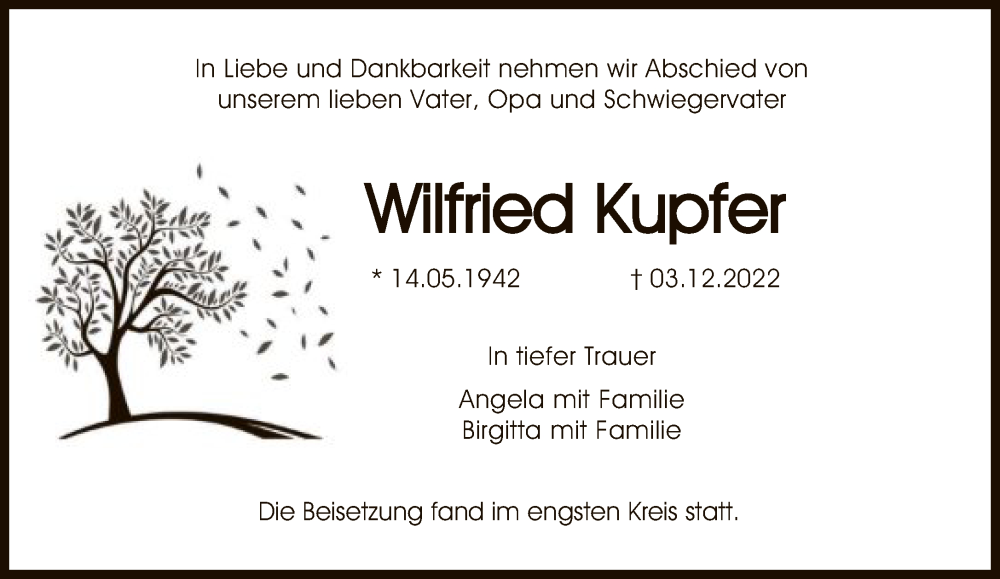  Traueranzeige für Wilfried Kupfer vom 17.12.2022 aus FNP