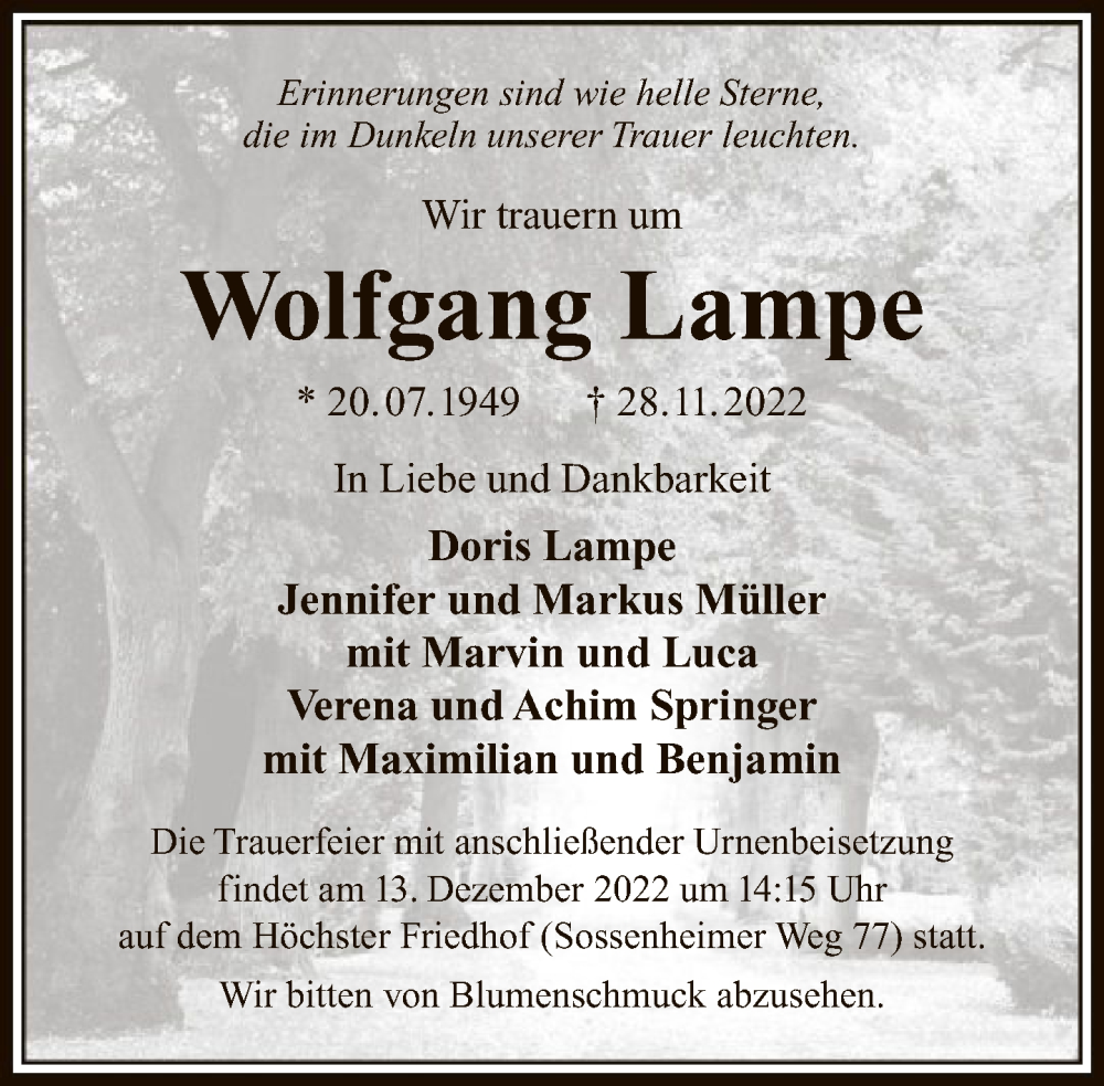  Traueranzeige für Wolfgang Lampe vom 03.12.2022 aus FNP