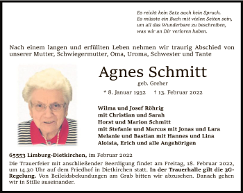 Traueranzeige von Agnes Schmitt von FNP