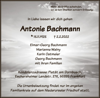 Traueranzeige von Antonie Bachmann von FNP