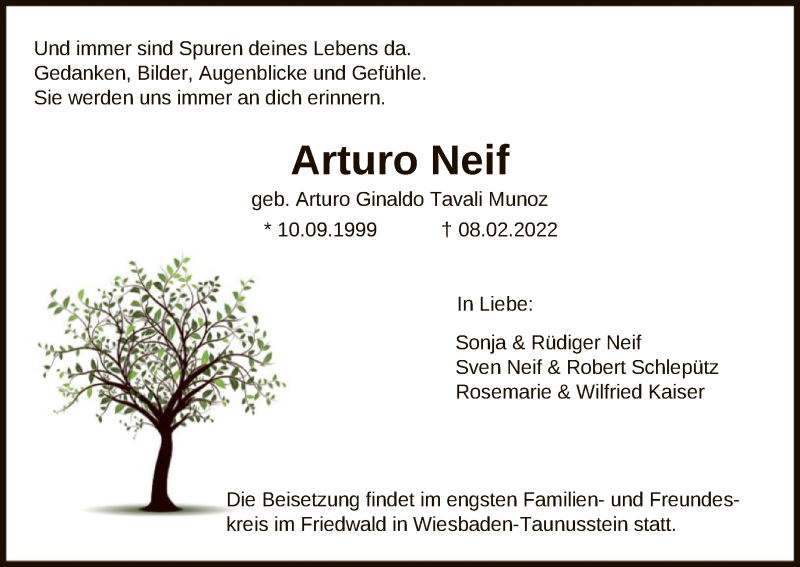  Traueranzeige für Arturo Neif vom 19.02.2022 aus FNP