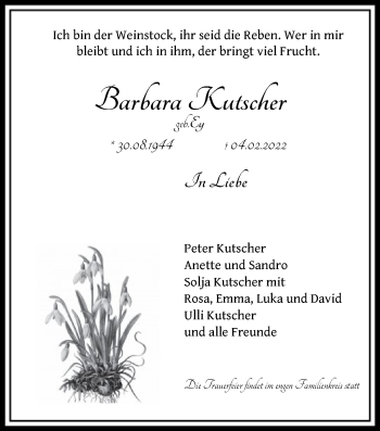 Traueranzeige von Barbara Kutscher von FNP