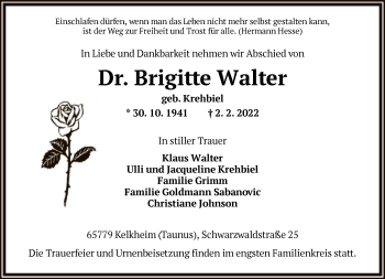 Traueranzeige von Brigitte Walter von FNP