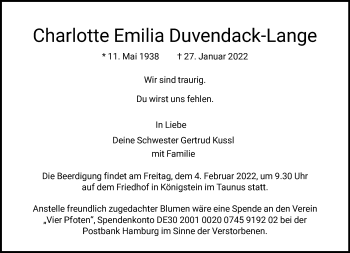 Traueranzeige von Charlotte Emilia Duvendack-Lange von FNP