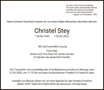 Traueranzeige von Christel Stey von FNP