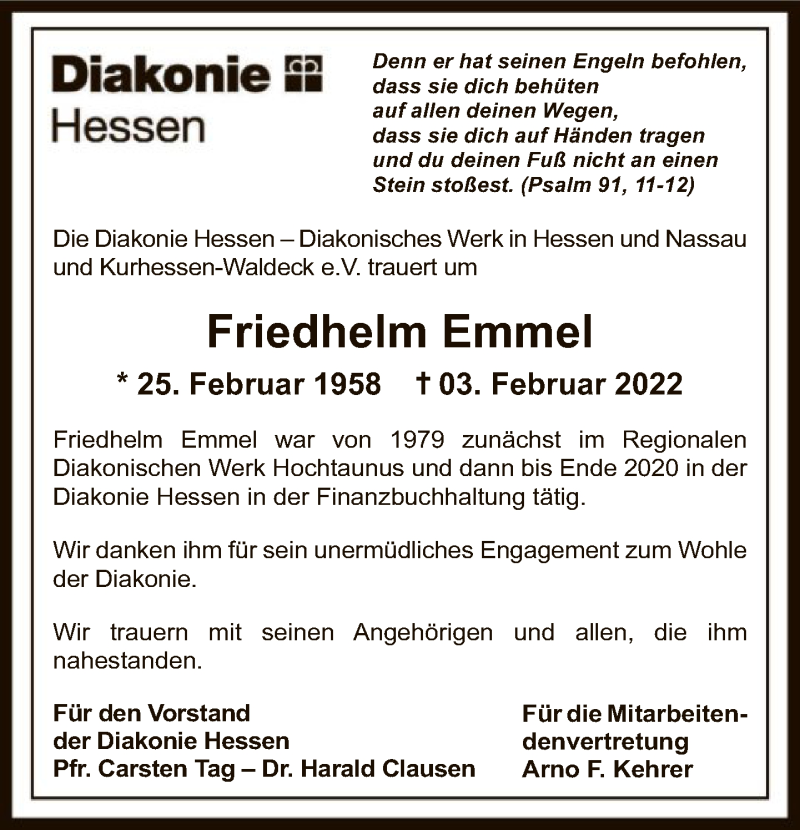  Traueranzeige für Friedhelm Emmel vom 26.02.2022 aus FNP