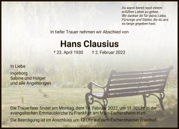 Traueranzeige von Hans Clausius von FNP