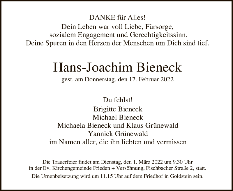  Traueranzeige für Hans-Joachim Bieneck vom 26.02.2022 aus FNP