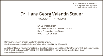 Traueranzeige von Hans Georg Valentin Steuer von FNP