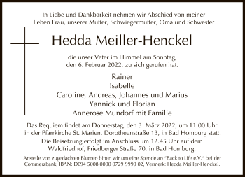 Traueranzeige von Hedda Meiller-Henckel von FNP